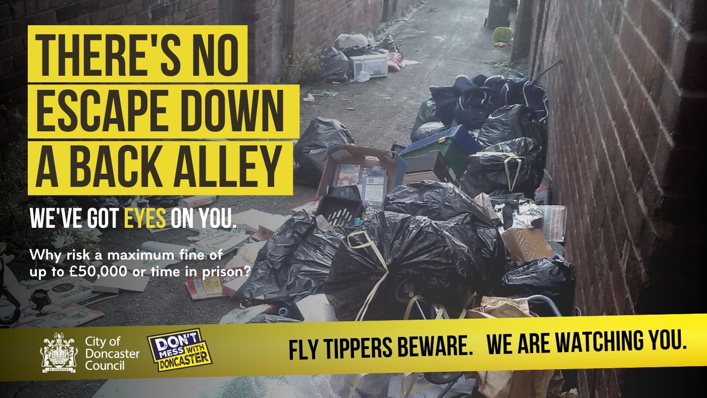Fly-Tippers Beware - Alleyway Fly-Tippers Beware poster showing dumped waste in an alleyway